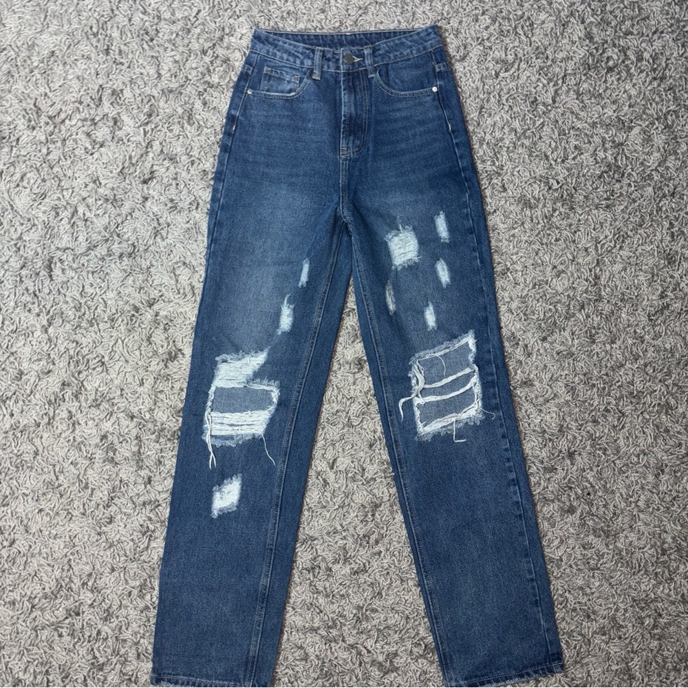 Shein Women's Size S Blue Straight Leg Medium Wash Distressed Cotton Blend Jeans